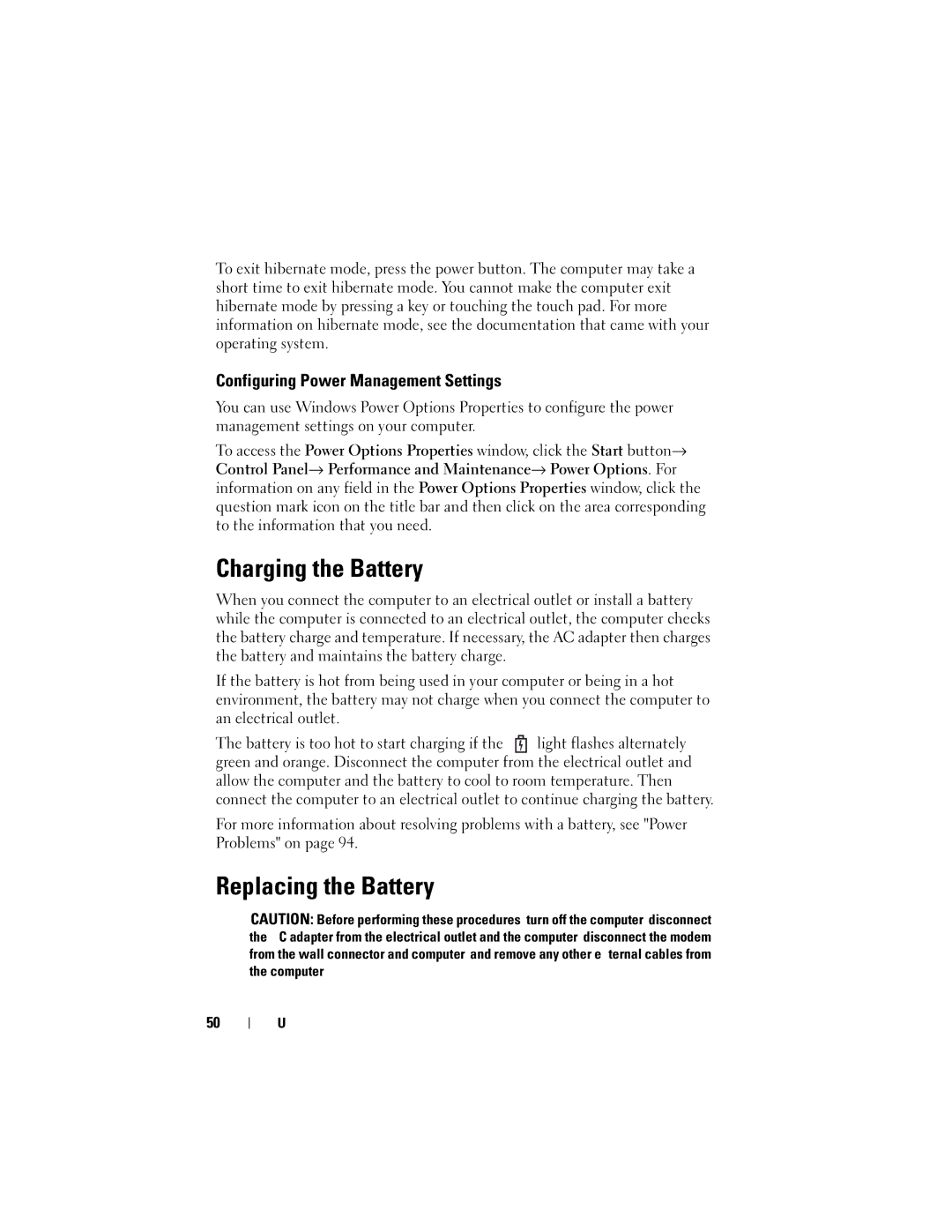 Dell 1000 owner manual Charging the Battery, Replacing the Battery, Configuring Power Management Settings 