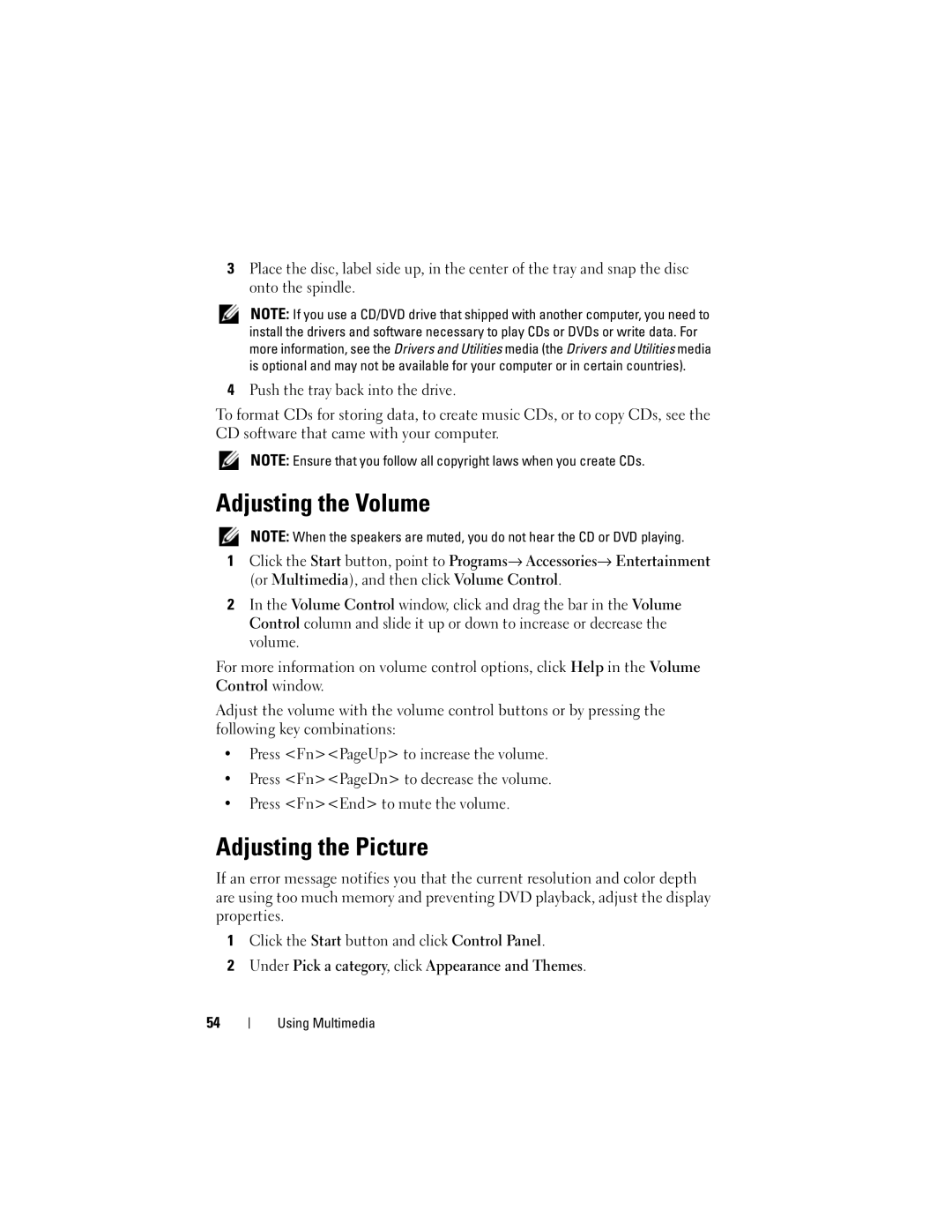 Dell 1000 owner manual Adjusting the Volume, Adjusting the Picture 