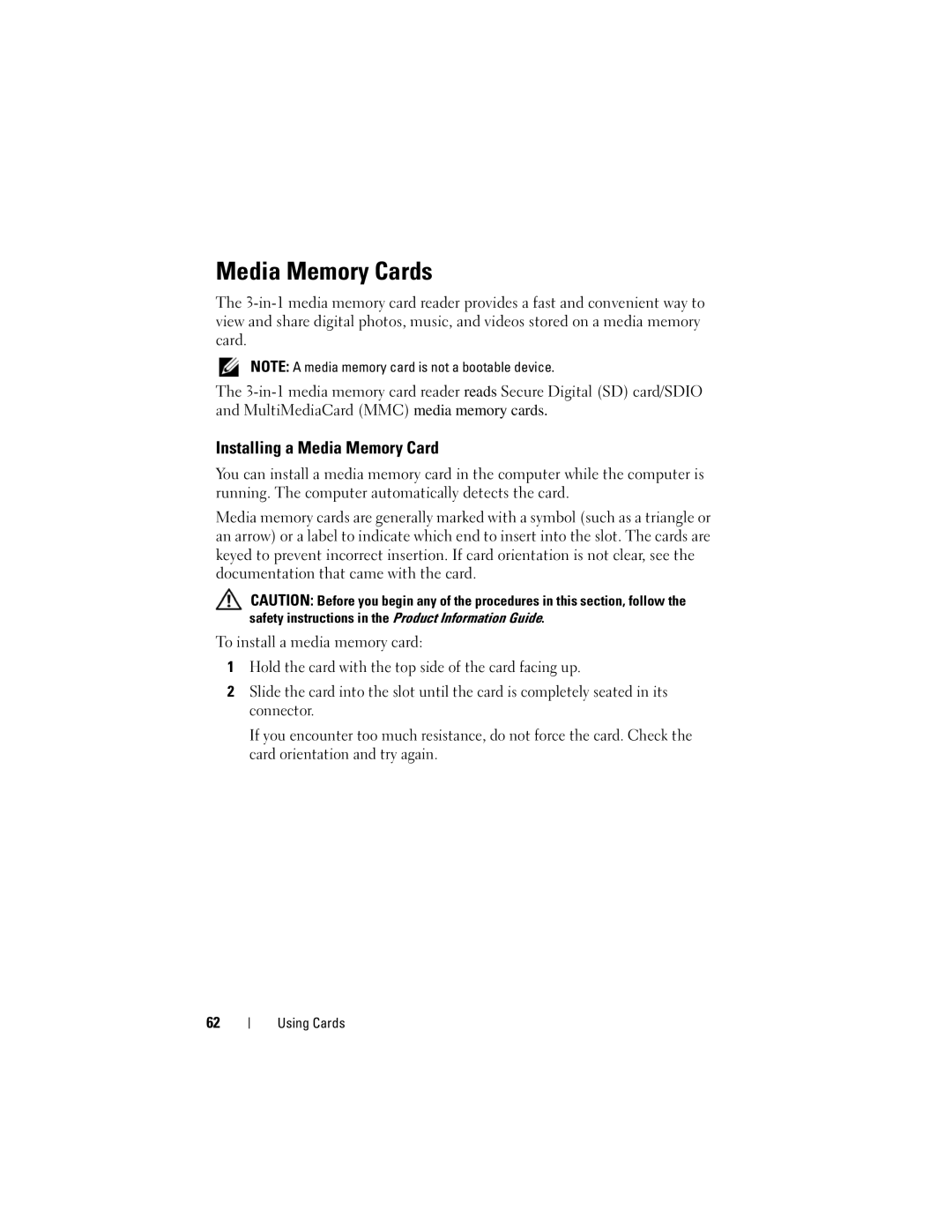 Dell 1000 owner manual Media Memory Cards, Installing a Media Memory Card 