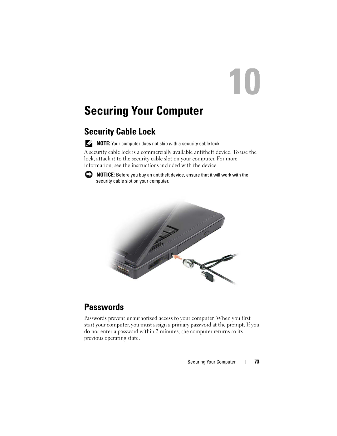 Dell 1000 owner manual Securing Your Computer, Security Cable Lock, Passwords 