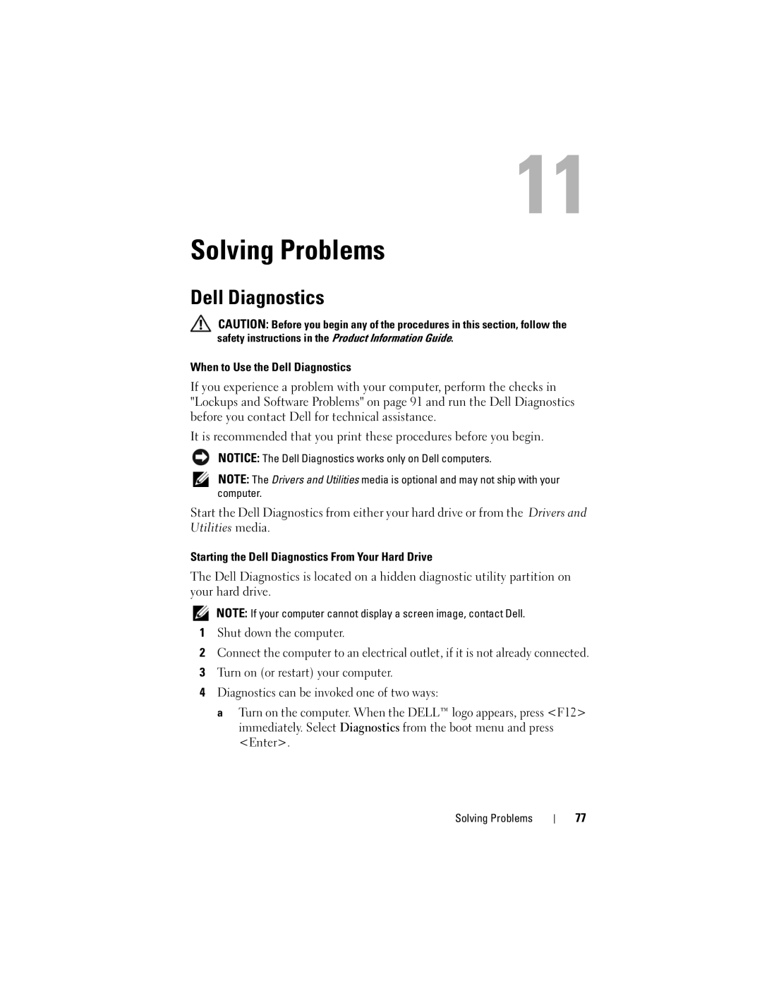 Dell 1000 Solving Problems, When to Use the Dell Diagnostics, Starting the Dell Diagnostics From Your Hard Drive 
