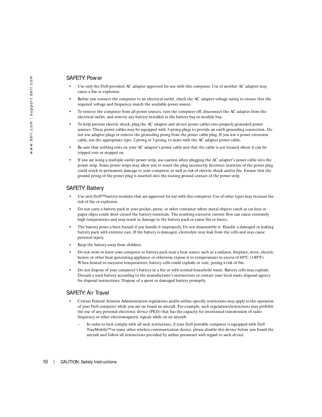 Dell 100L owner manual Safety Power, Safety Battery, Safety Air Travel 