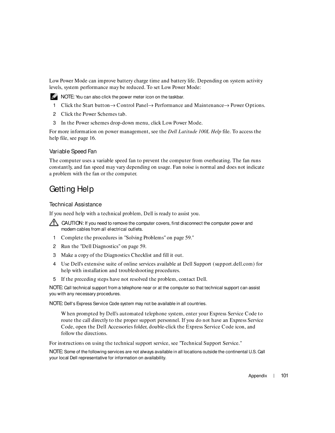 Dell 100L owner manual Getting Help, Variable Speed Fan, Technical Assistance 