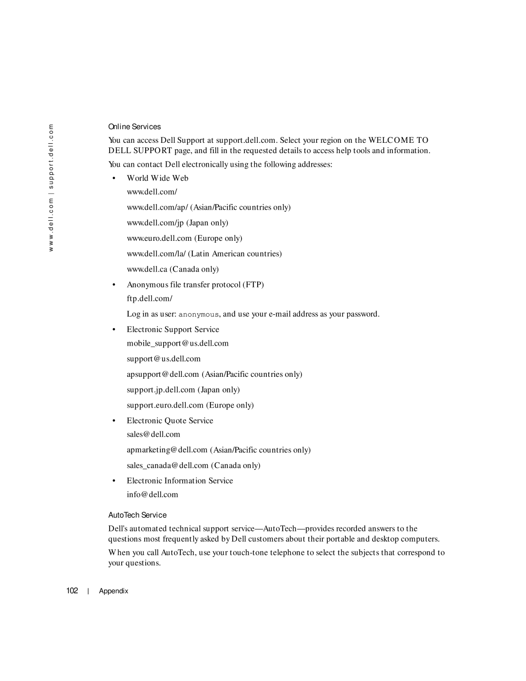 Dell 100L owner manual Online Services, AutoTech Service, 102 