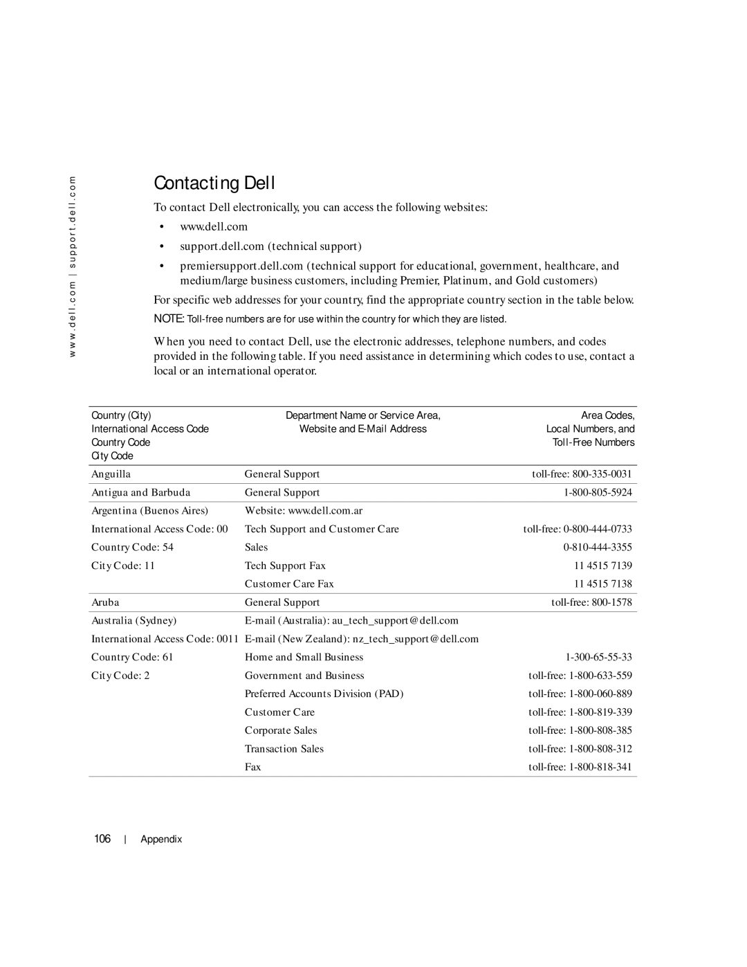 Dell 100L owner manual Contacting Dell, 106 