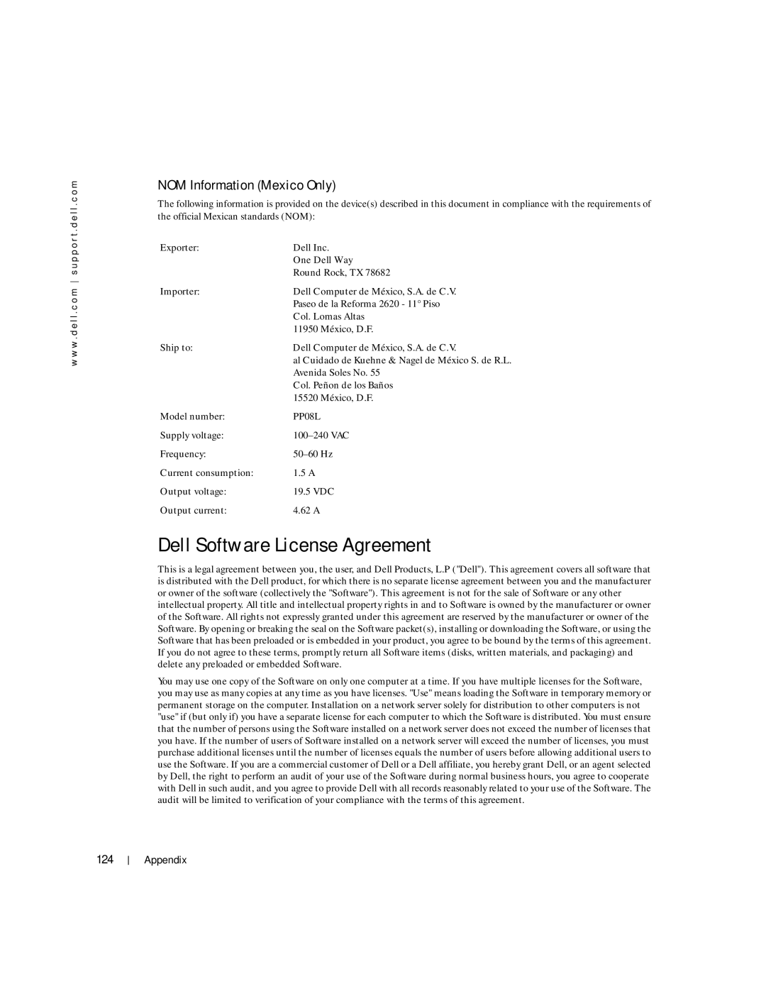 Dell 100L owner manual Dell Software License Agreement, NOM Information Mexico Only, 124 