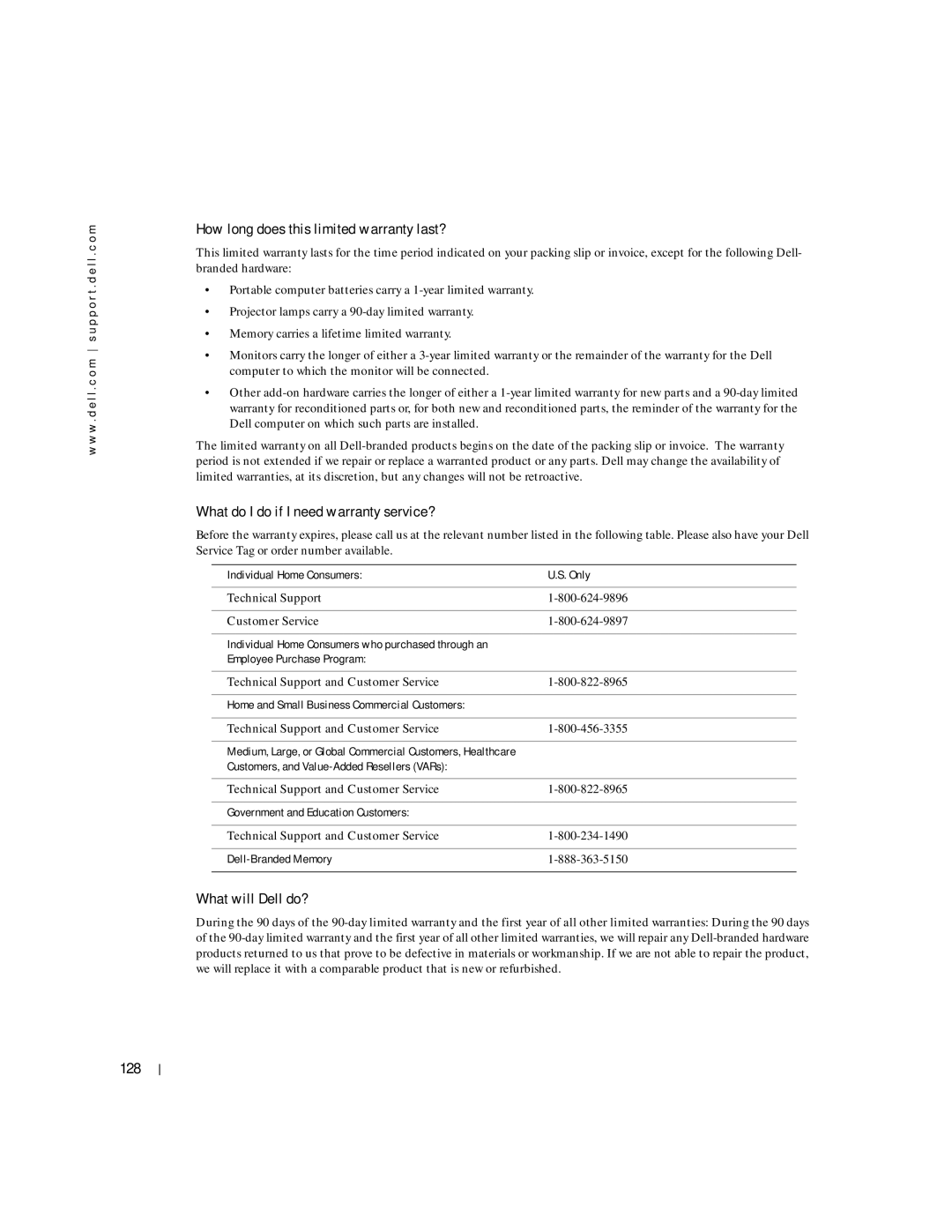 Dell 100L How long does this limited warranty last?, What do I do if I need warranty service?, What will Dell do?, 128 