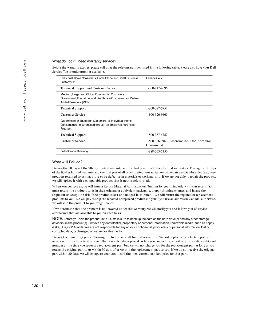 Dell 100L owner manual What do I do if I need warranty service?, 132 