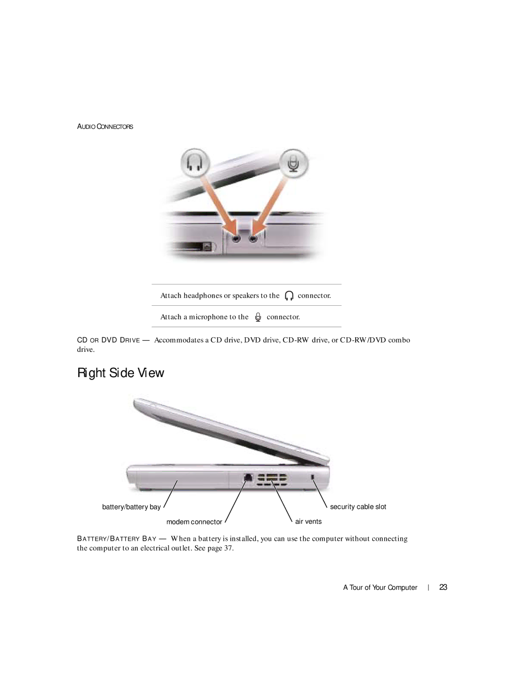 Dell 100L owner manual Right Side View, Modem connector Air vents 