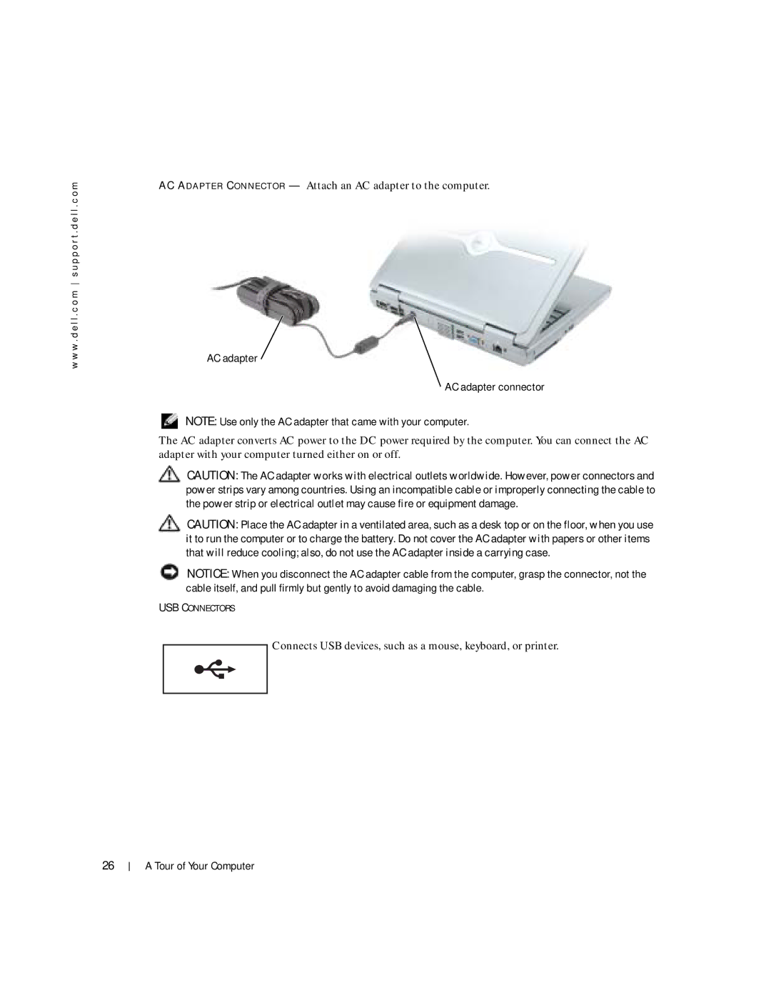 Dell 100L owner manual AC adapter AC adapter connector 