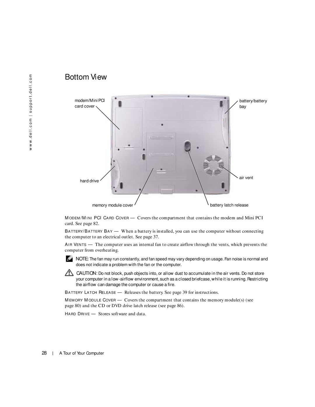 Dell 100L owner manual Bottom View, Memory module cover Battery latch release 