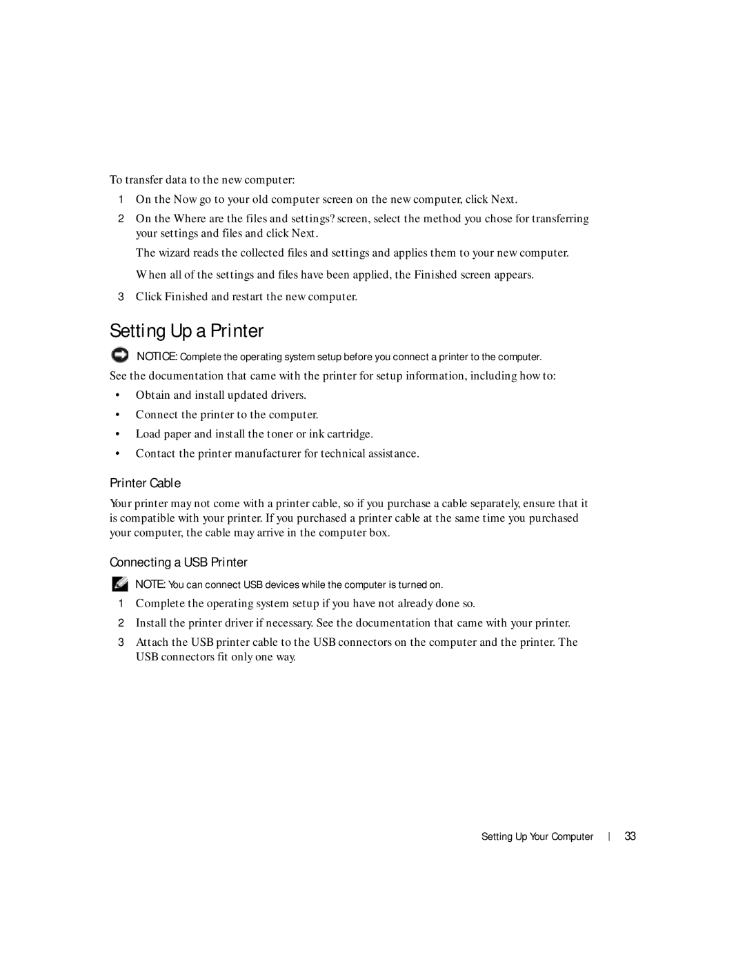 Dell 100L owner manual Setting Up a Printer, Printer Cable, Connecting a USB Printer 