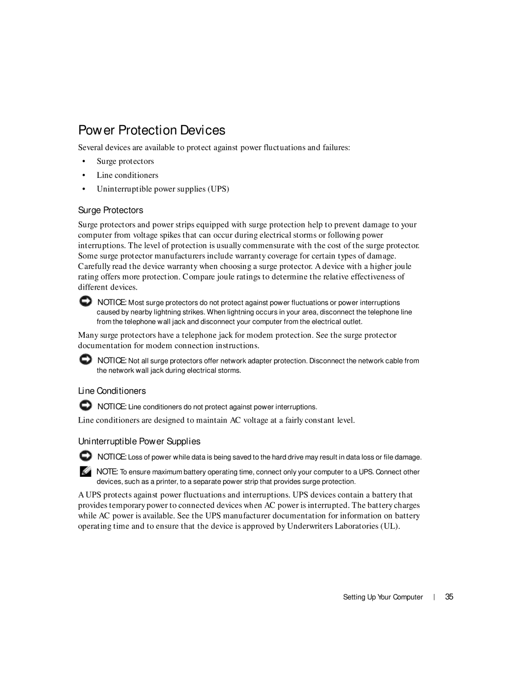 Dell 100L owner manual Power Protection Devices, Surge Protectors, Line Conditioners, Uninterruptible Power Supplies 