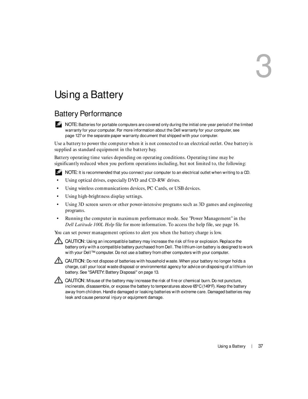 Dell 100L owner manual Using a Battery, Battery Performance 