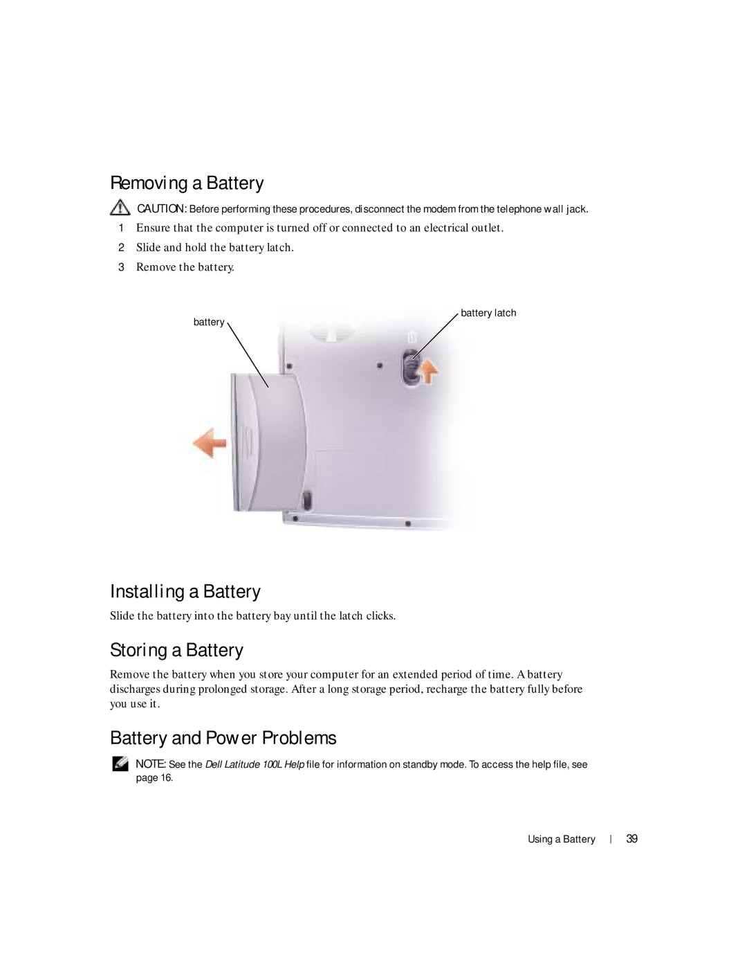 Dell 100L owner manual Removing a Battery, Installing a Battery, Storing a Battery, Battery and Power Problems 