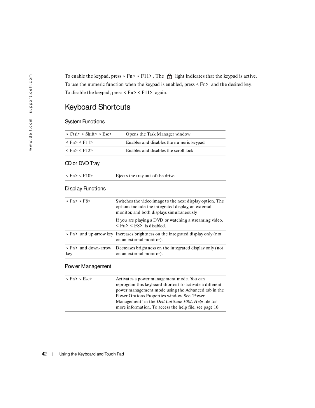 Dell 100L owner manual Keyboard Shortcuts, System Functions, CD or DVD Tray, Display Functions, Power Management 