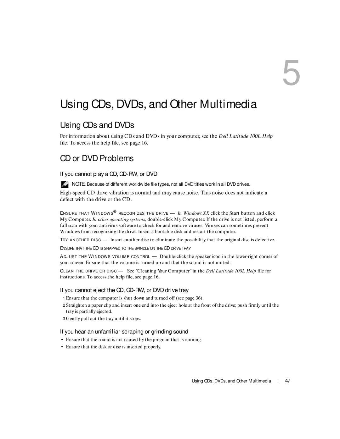 Dell 100L owner manual Using CDs and DVDs, CD or DVD Problems, If you cannot play a CD, CD-RW, or DVD 