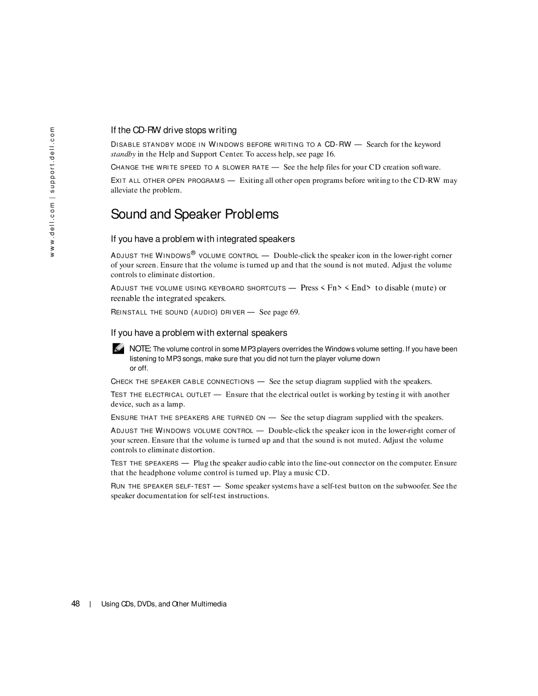 Dell 100L Sound and Speaker Problems, If the CD-RW drive stops writing, If you have a problem with integrated speakers 