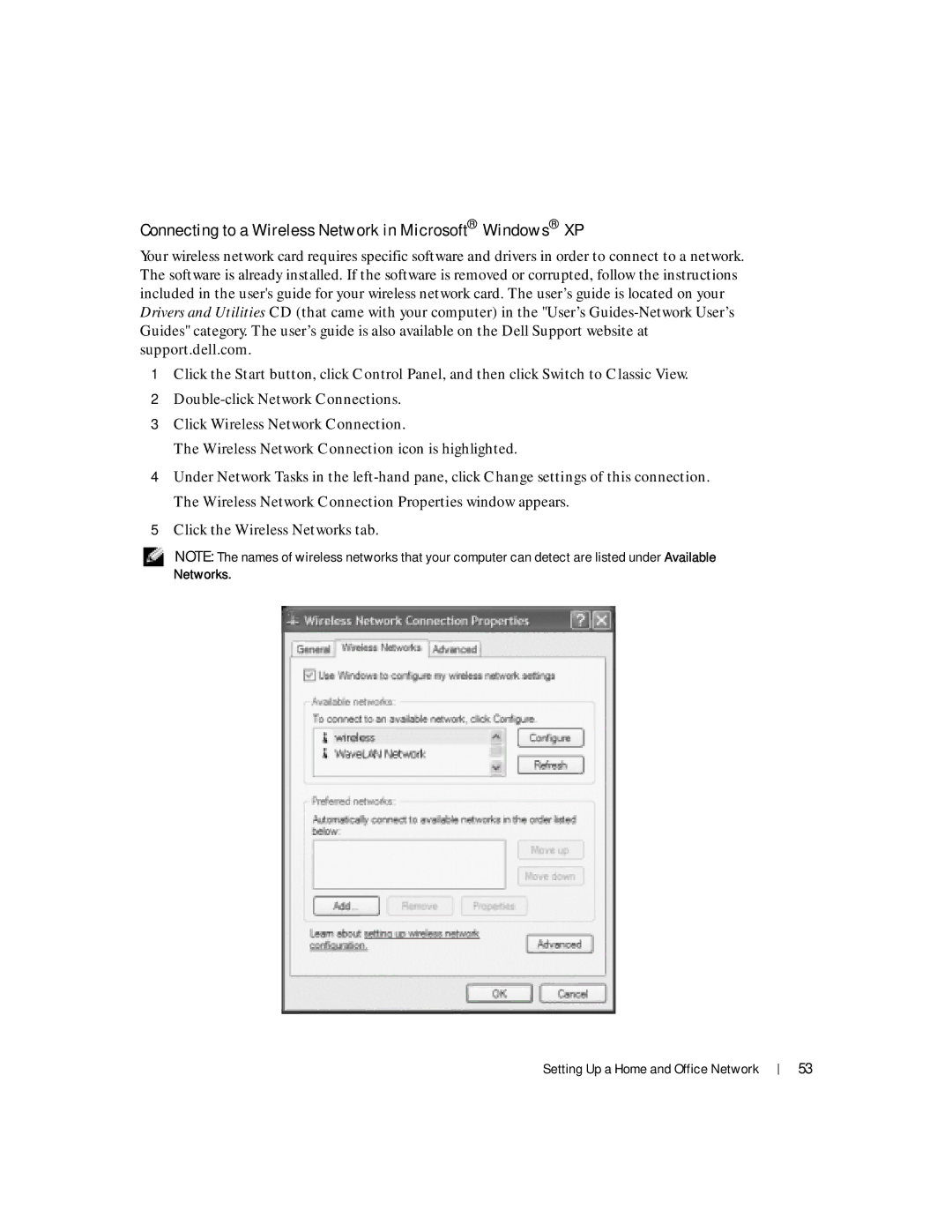 Dell 100L owner manual Connecting to a Wireless Network in Microsoft Windows XP, Networks 