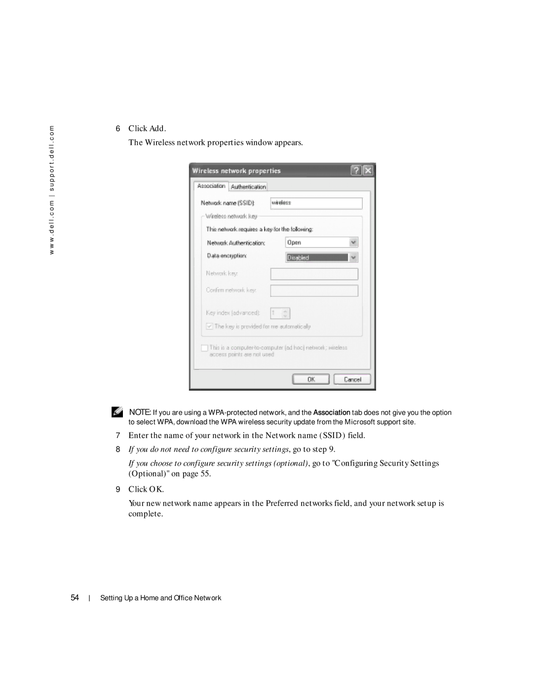 Dell 100L owner manual Wireless network properties window appears 