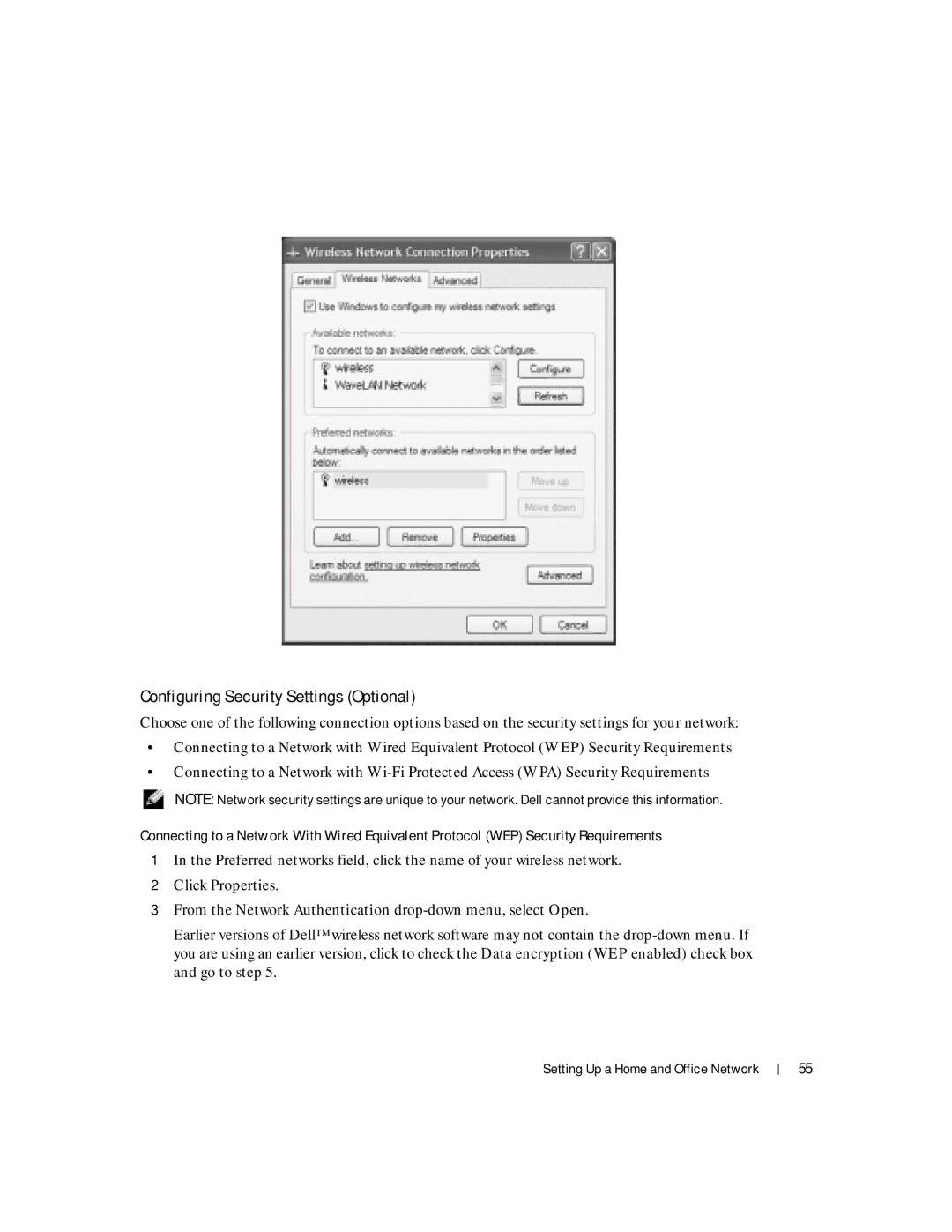 Dell 100L owner manual Configuring Security Settings Optional, Click Properties 