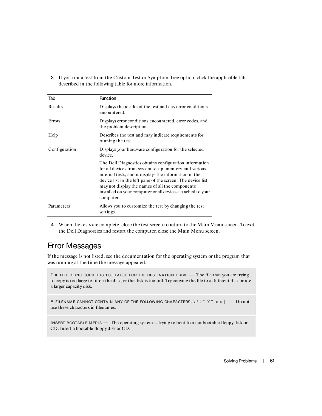 Dell 100L owner manual Error Messages, Tab Function 