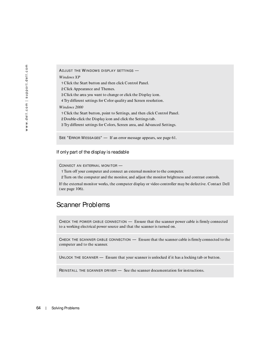 Dell 100L owner manual Scanner Problems, If only part of the display is readable, Click Appearance and Themes 