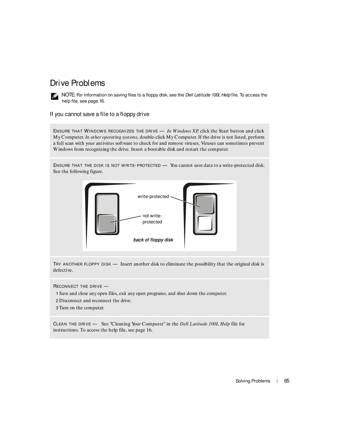 Dell 100L owner manual Drive Problems, If you cannot save a file to a floppy drive 