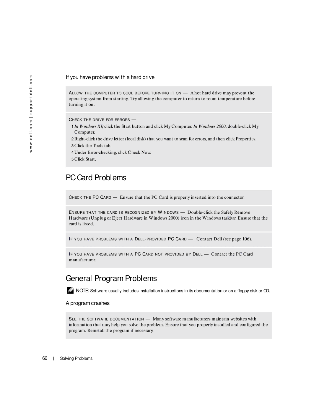 Dell 100L owner manual PC Card Problems, General Program Problems, If you have problems with a hard drive, Program crashes 