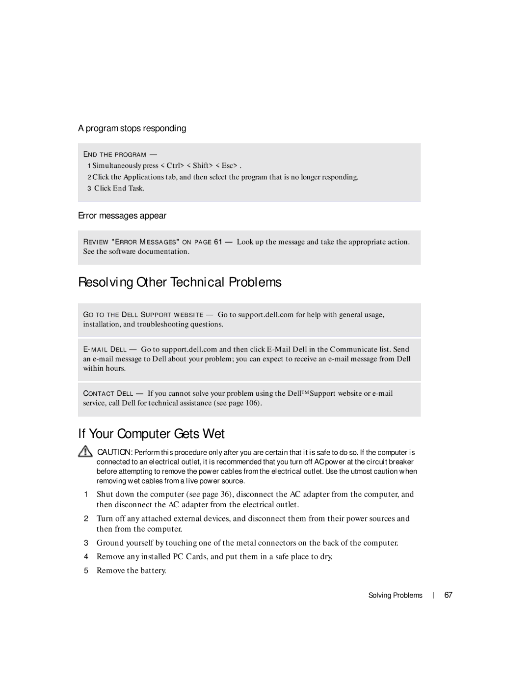 Dell 100L Resolving Other Technical Problems, If Your Computer Gets Wet, Program stops responding, Error messages appear 