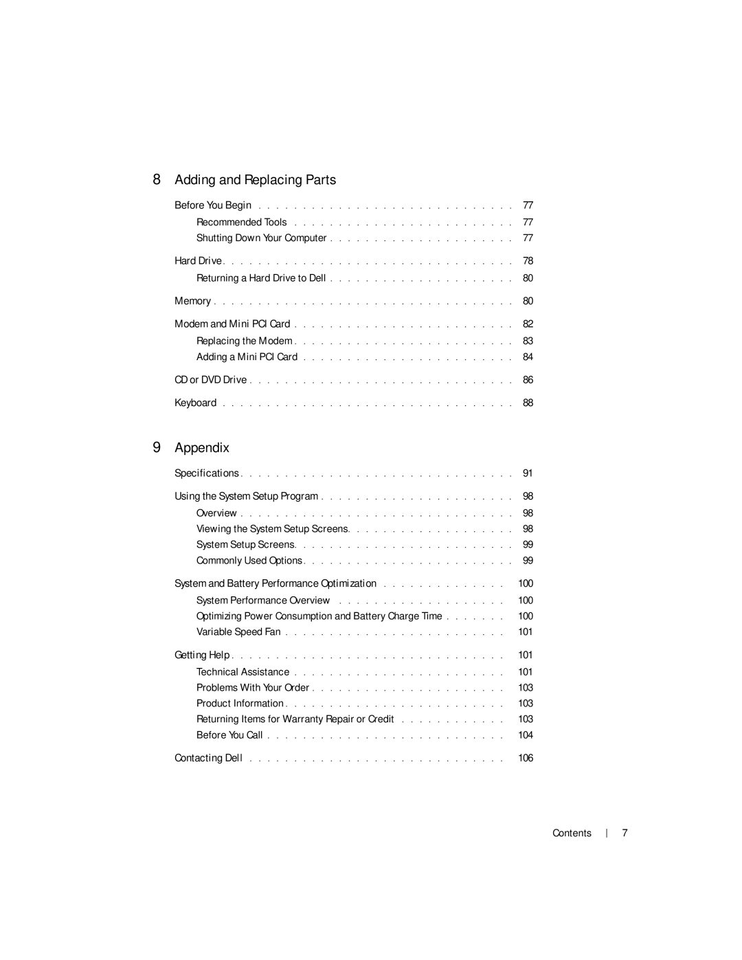 Dell 100L owner manual Adding and Replacing Parts, System and Battery Performance Optimization 