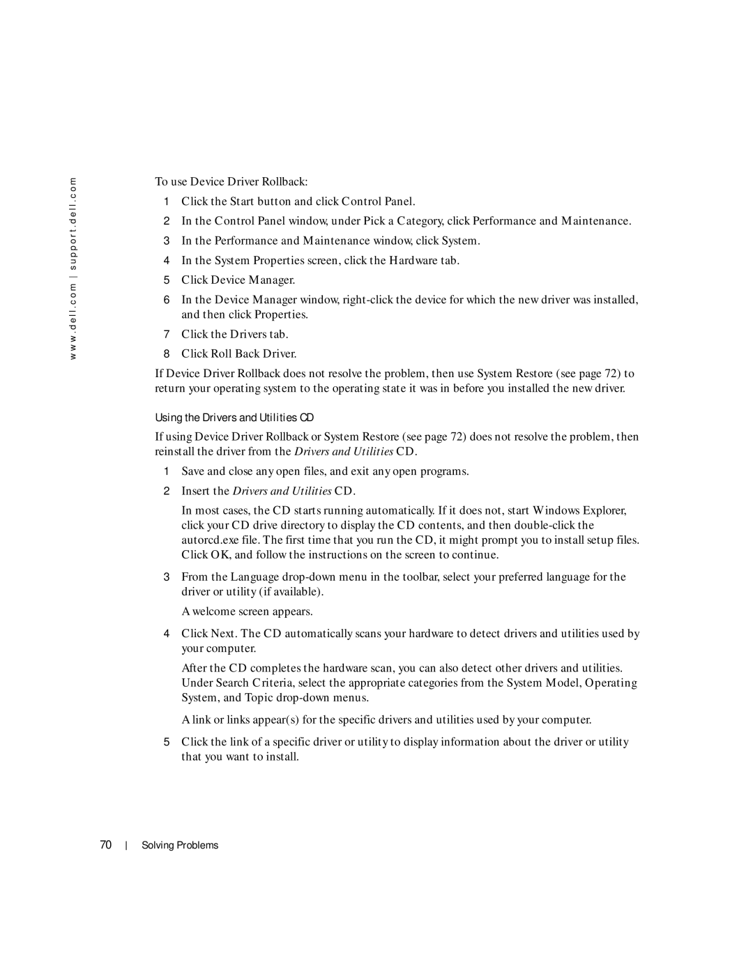 Dell 100L owner manual Click Roll Back Driver, Using the Drivers and Utilities CD 