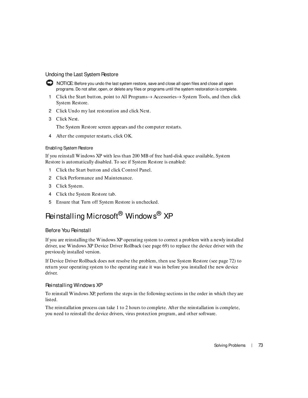 Dell 100L owner manual Reinstalling Microsoft Windows XP, Undoing the Last System Restore, Before You Reinstall 