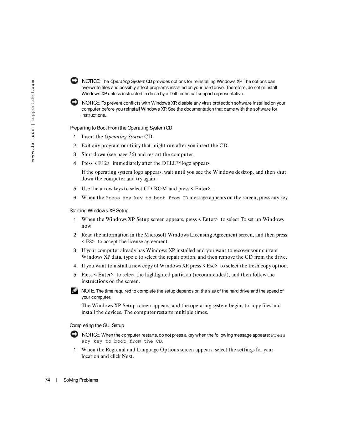 Dell 100L owner manual Preparing to Boot From the Operating System CD, Starting Windows XP Setup, Completing the GUI Setup 