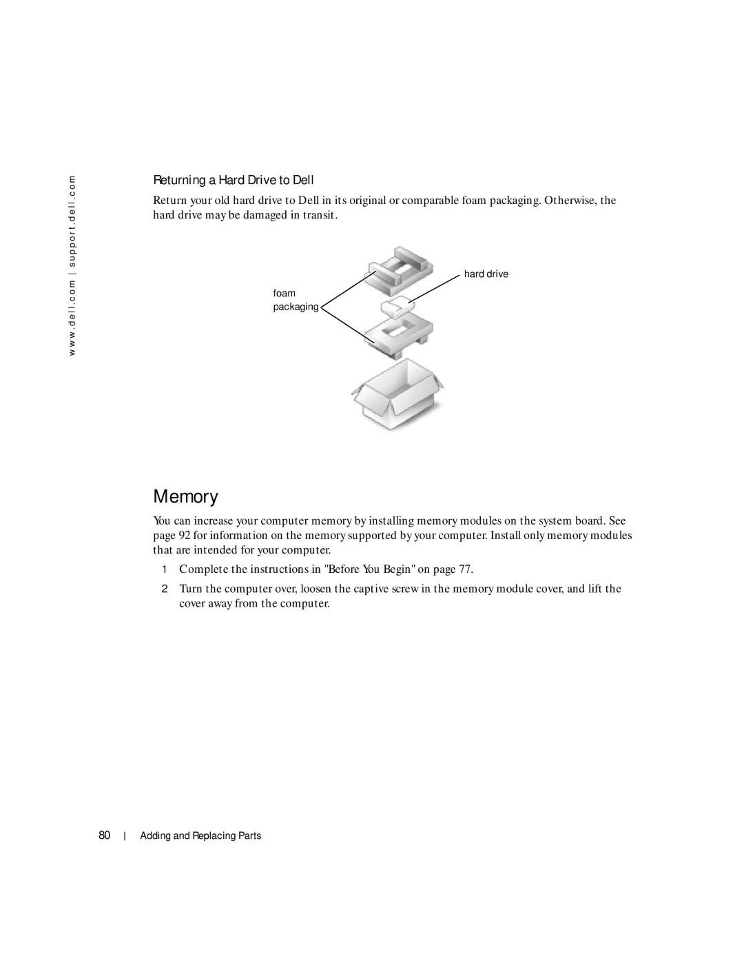 Dell 100L owner manual Memory, Returning a Hard Drive to Dell 