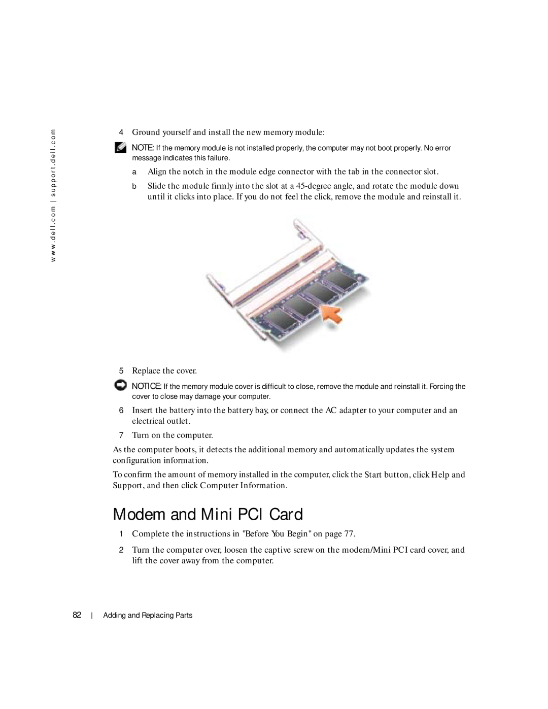 Dell 100L owner manual Modem and Mini PCI Card 