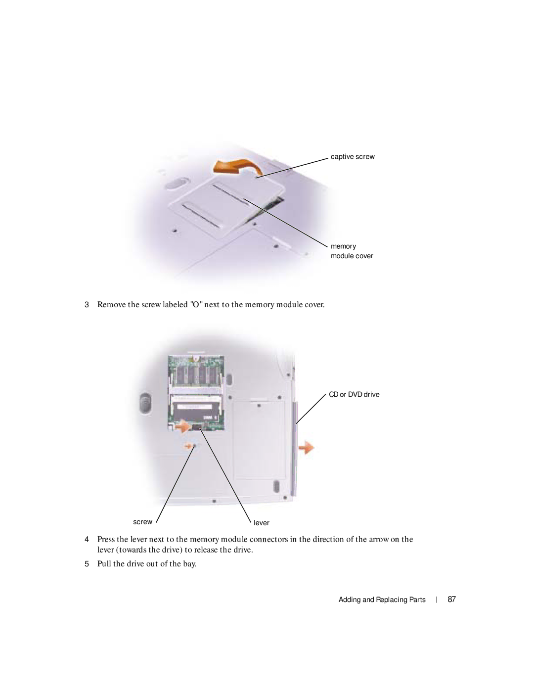 Dell 100L owner manual Remove the screw labeled O next to the memory module cover 