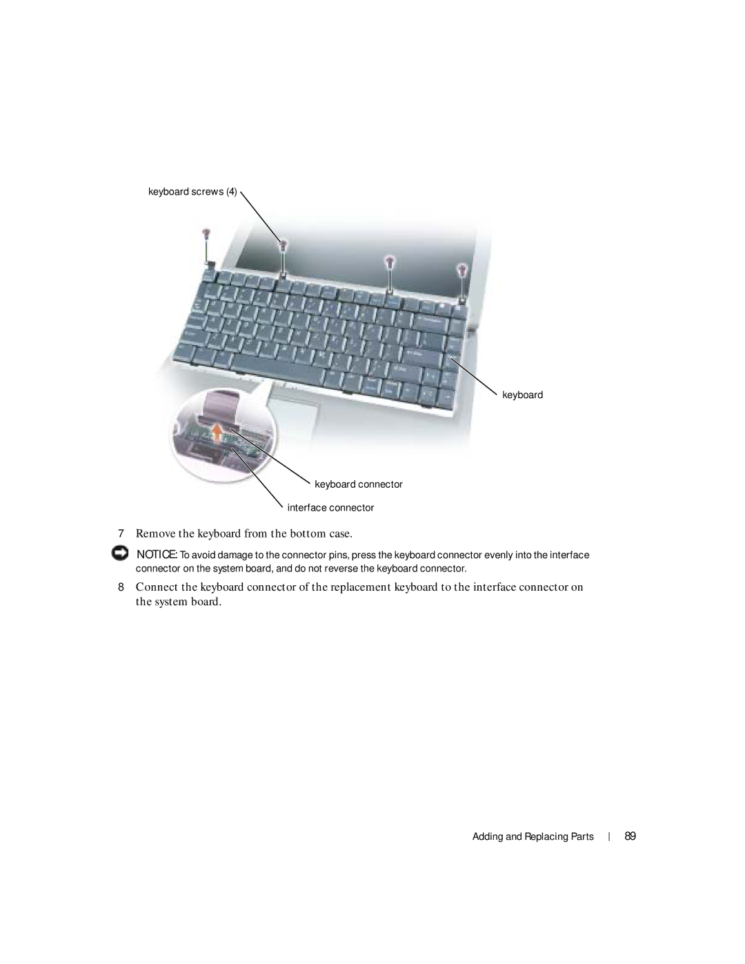 Dell 100L owner manual Keyboard screws Keyboard connector Interface connector 