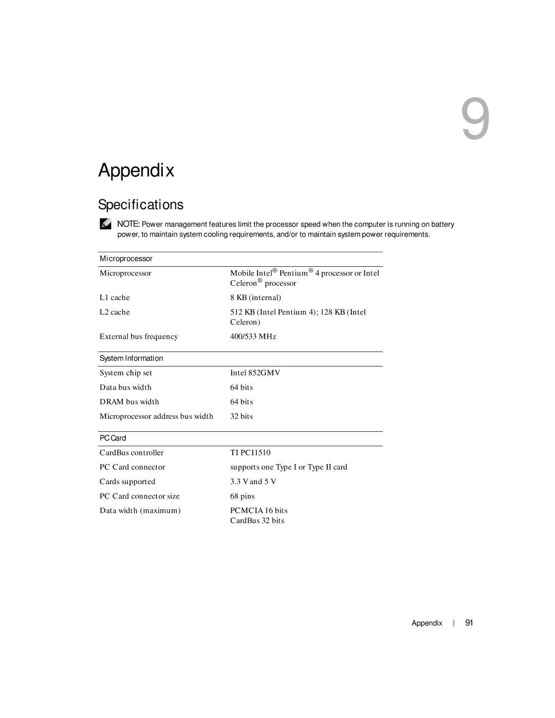 Dell 100L owner manual Specifications, Microprocessor, System Information, PC Card 