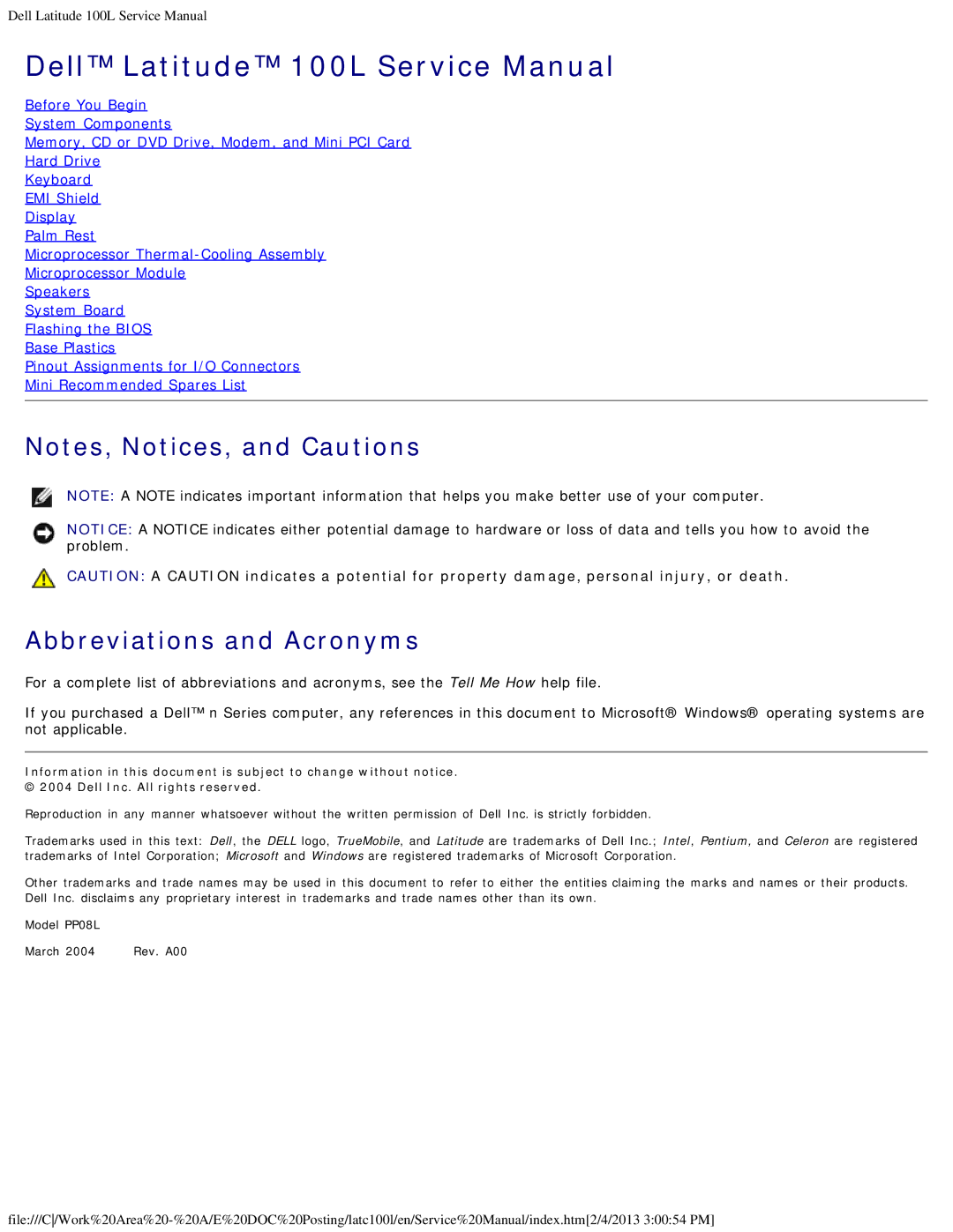 Dell 100L service manual Abbreviations and Acronyms 