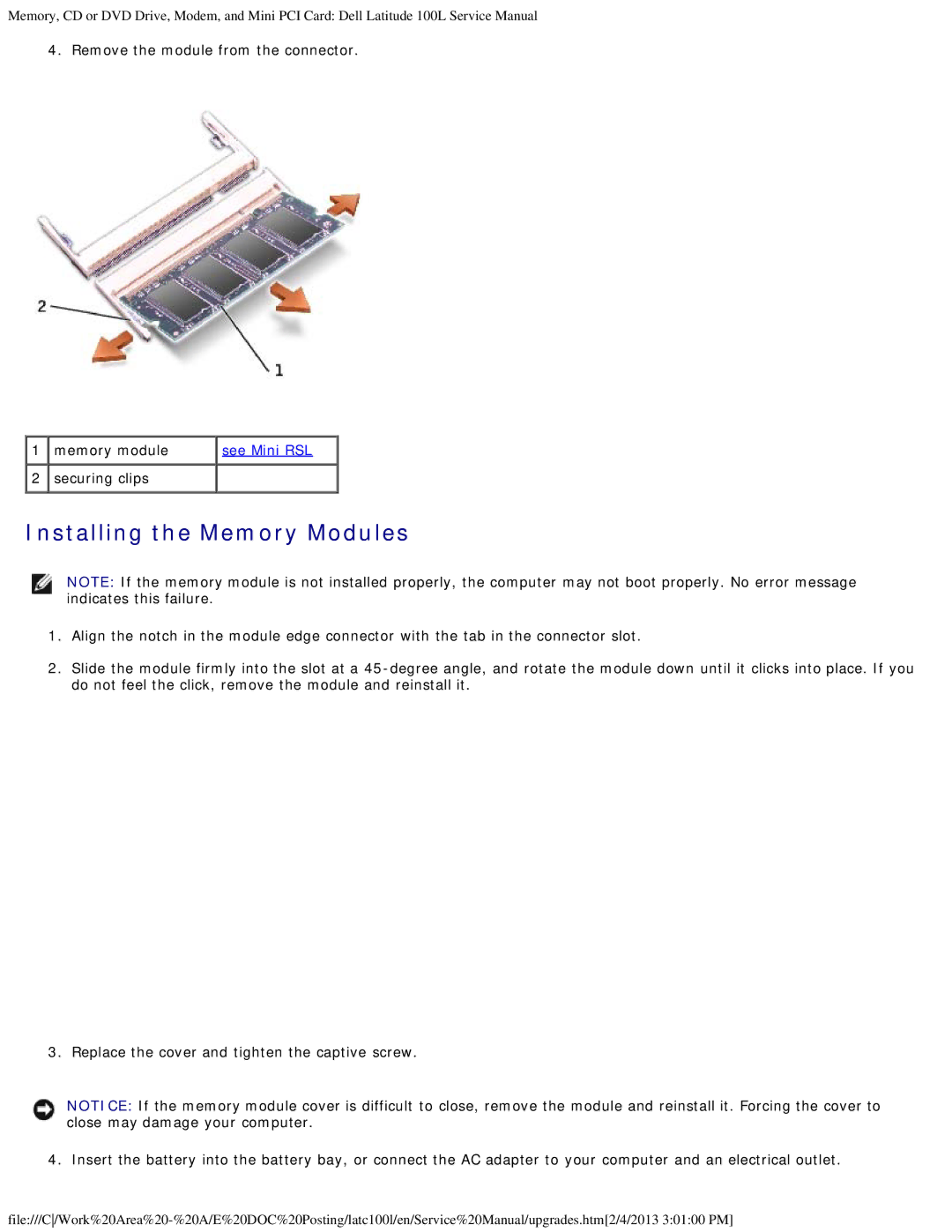 Dell 100L service manual Installing the Memory Modules 