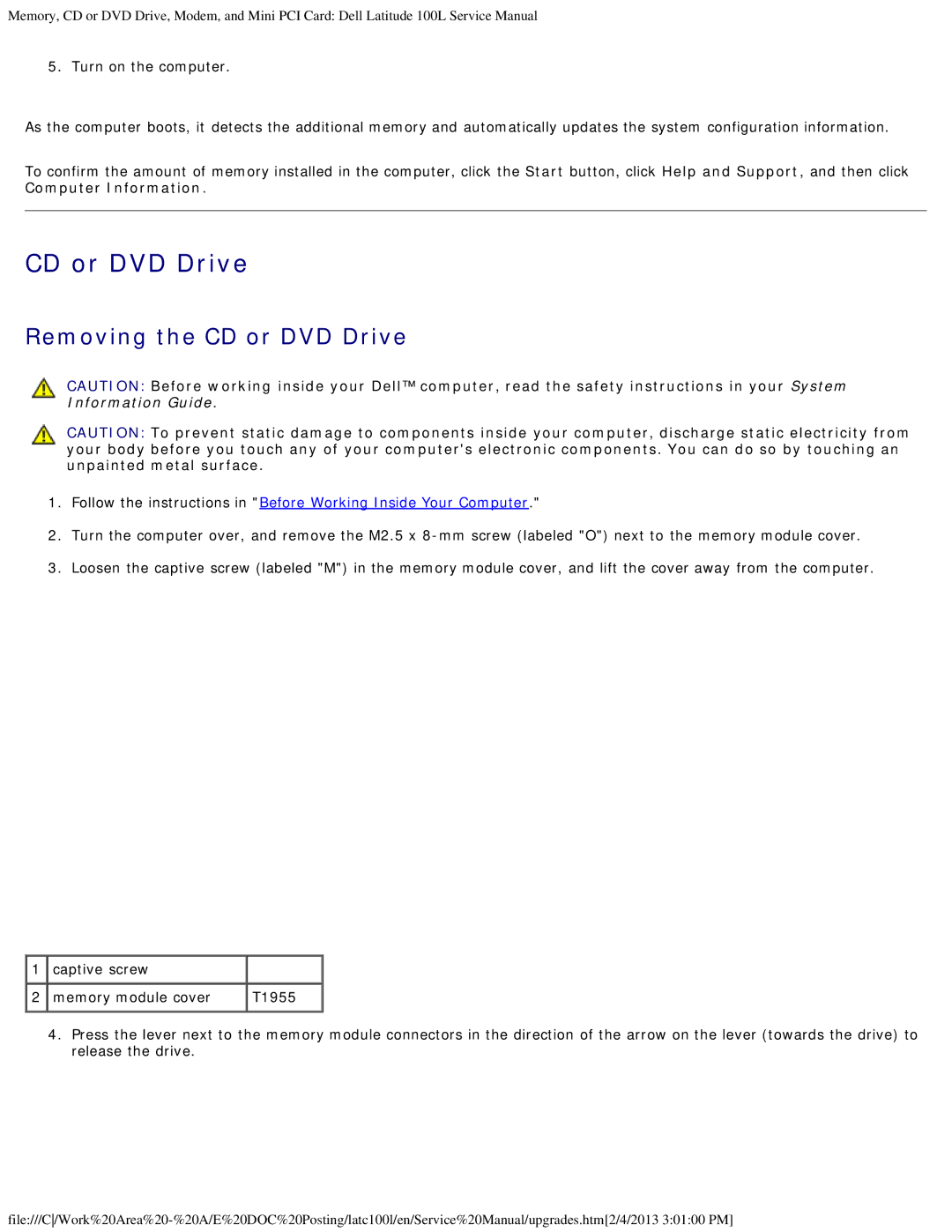 Dell 100L service manual Removing the CD or DVD Drive 