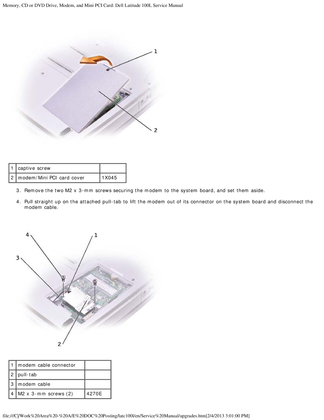 Dell 100L service manual Captive screw Modem/Mini PCI card cover 