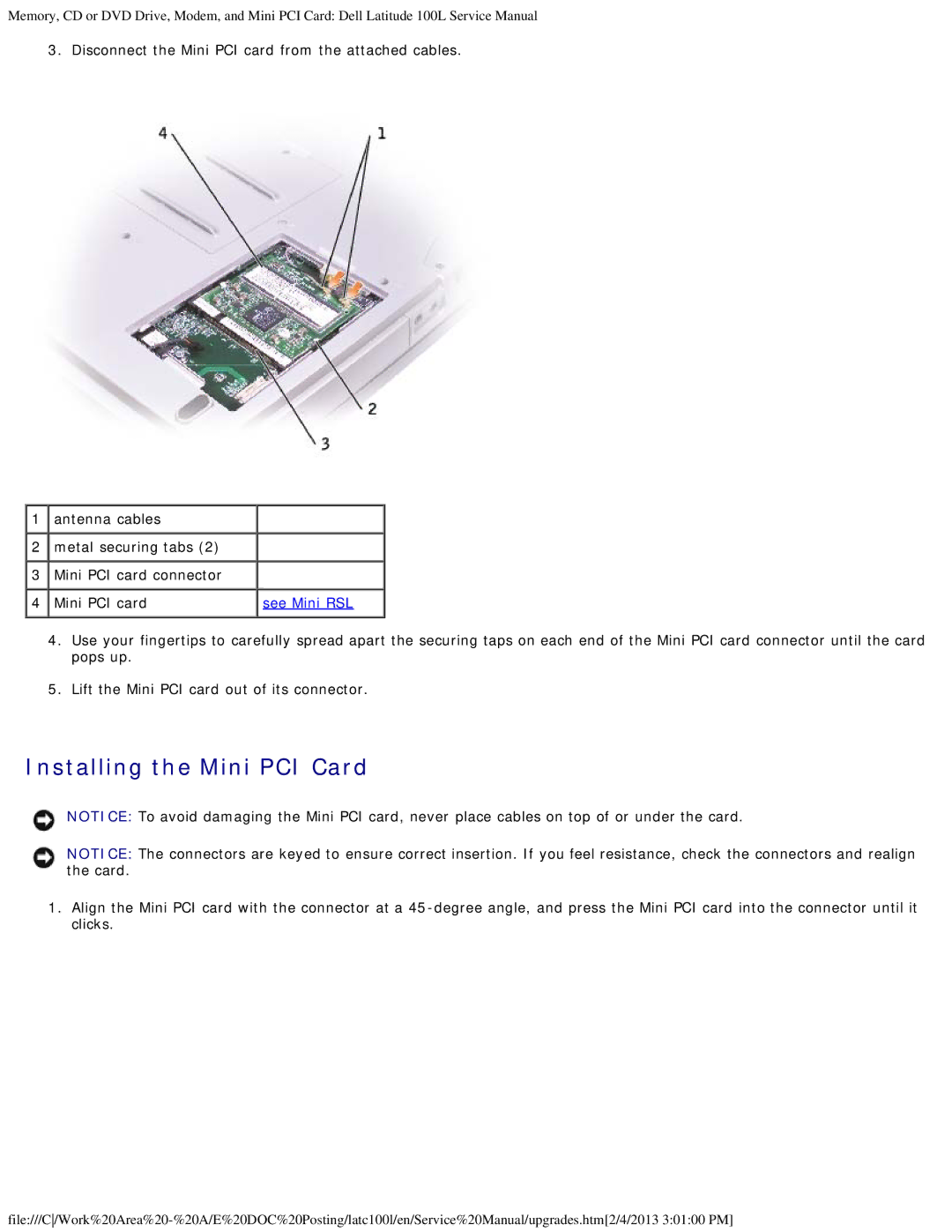 Dell 100L service manual Installing the Mini PCI Card, See Mini RSL 