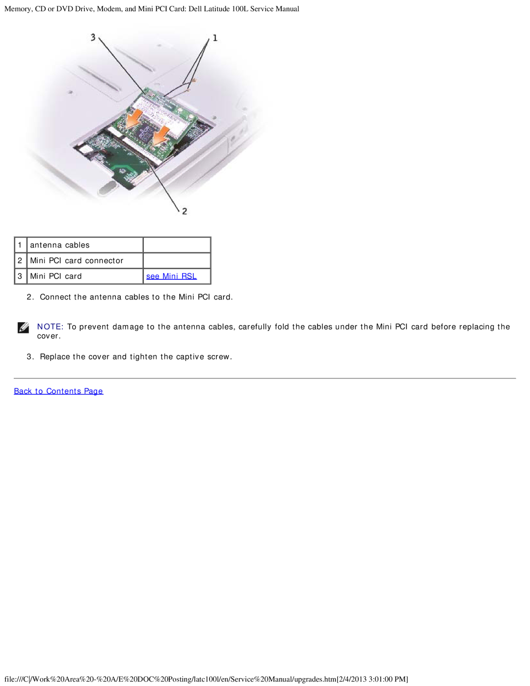 Dell 100L service manual Antenna cables Mini PCI card connector 