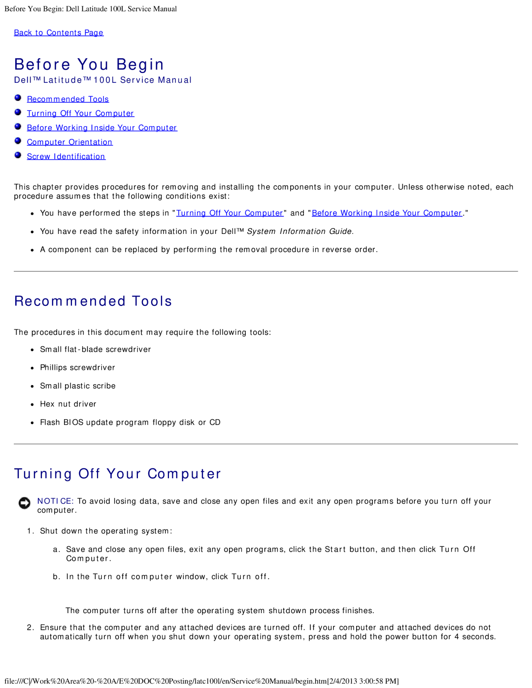 Dell 100L service manual Before You Begin, Recommended Tools, Turning Off Your Computer, Back to Contents 