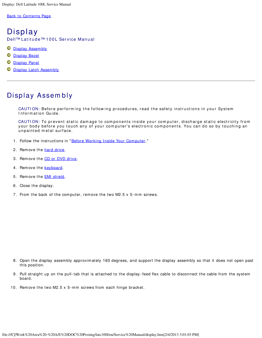 Dell 100L service manual Display Assembly, Remove the CD or DVD drive 