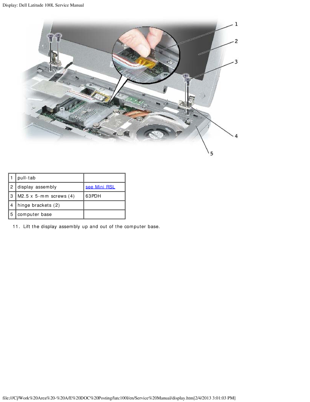 Dell 100L service manual Pull-tab Display assembly 