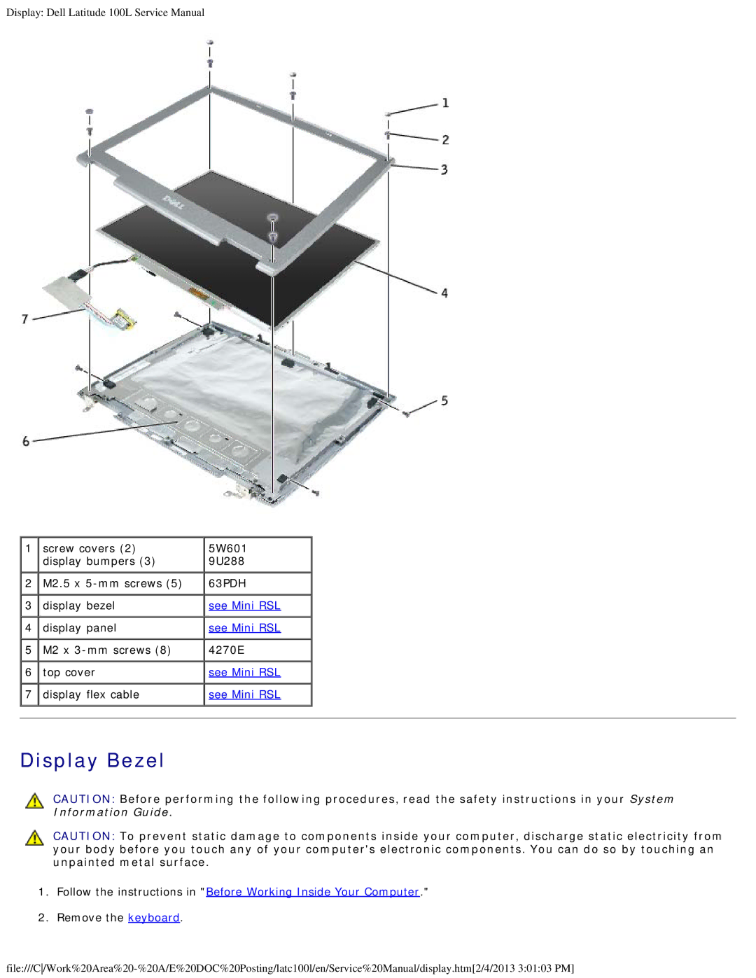 Dell 100L service manual Display Bezel, Remove the keyboard 