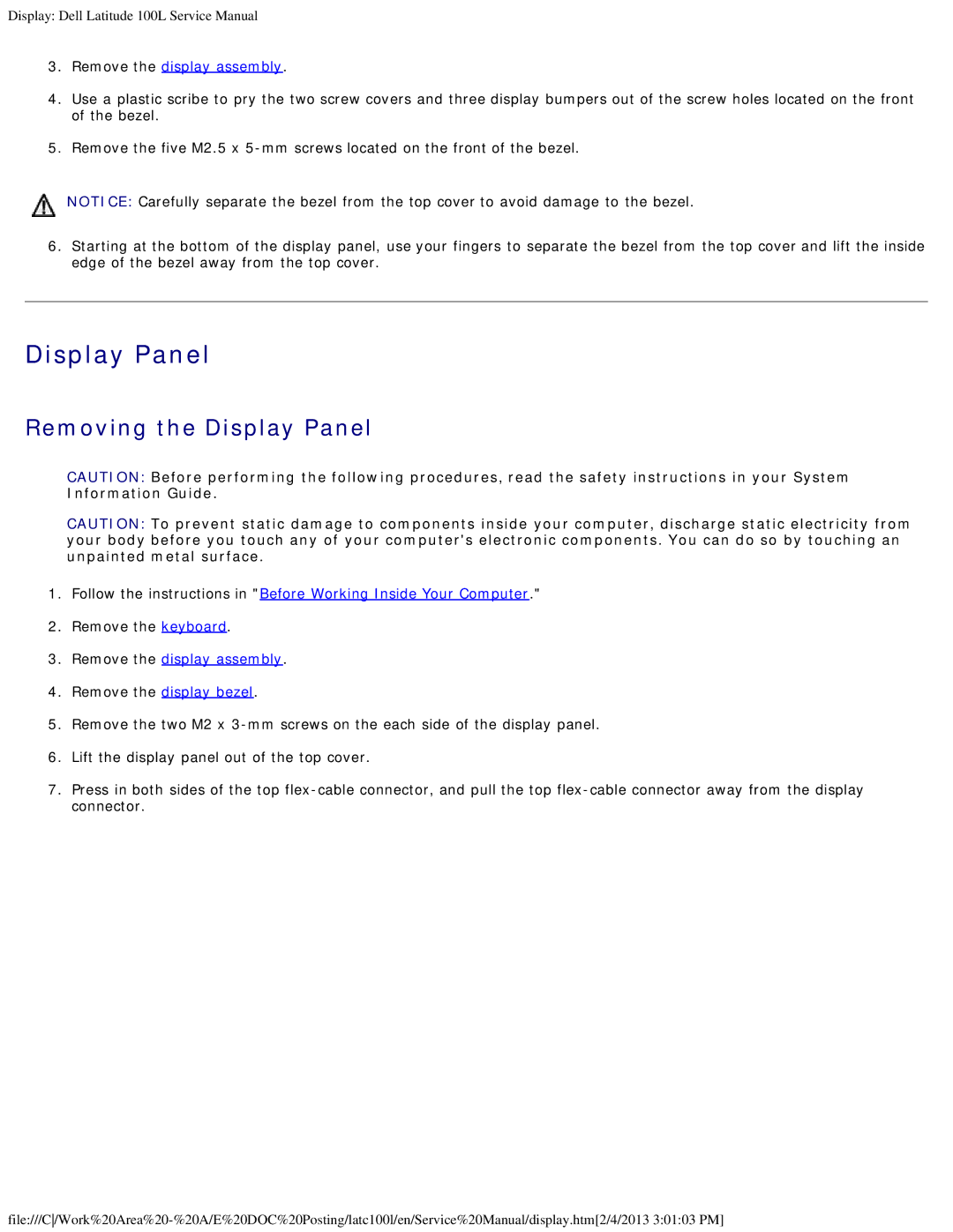 Dell 100L service manual Removing the Display Panel, Remove the display assembly 